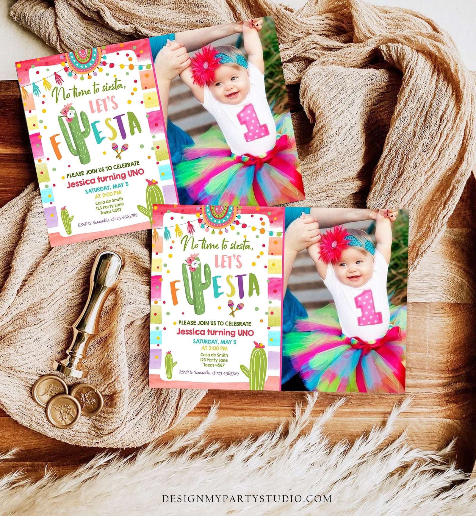 Editable Let's Fiesta Birthday Invitation Cactus Succulent First Birthday Party Girl 1st Mexican Uno Digigtal Evite Template Printable 0134