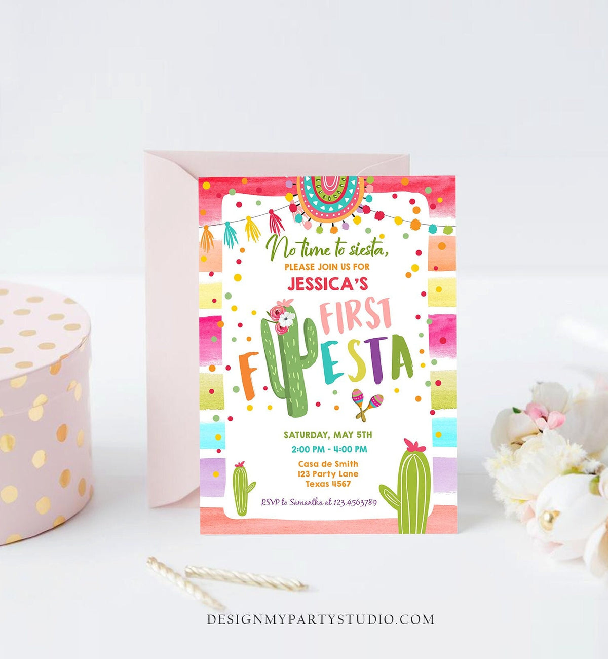 Editable Fiesta Birthday Invitation Cactus Succulent First Birthday Party Girl ANY AGE Mexican Digtal Download Evite Template Printable 0134