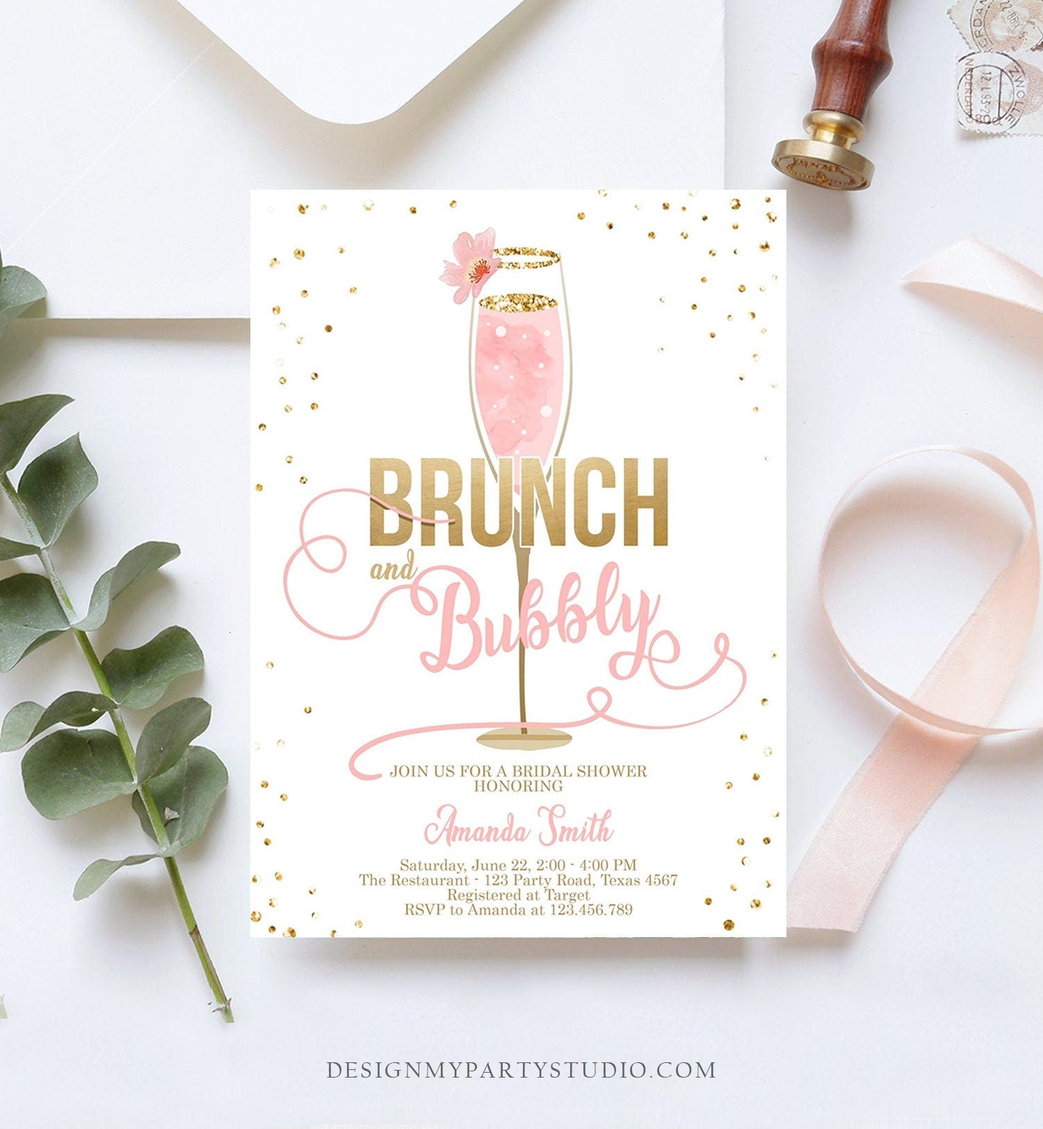 Editable Brunch and Bubbly Bridal Shower Invitation Floral Champagne Gold Pink Wedding Digital Download Corjl Template Printable 0150