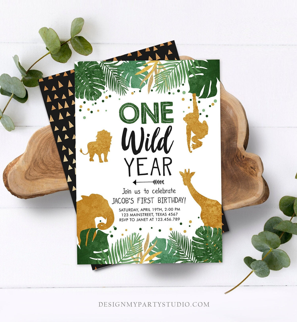 Editable Wild One Birthday Invitation Safari Animals Party Animals One Wild Year Black Gold First Birthday 1st Evite Template Printable 0016