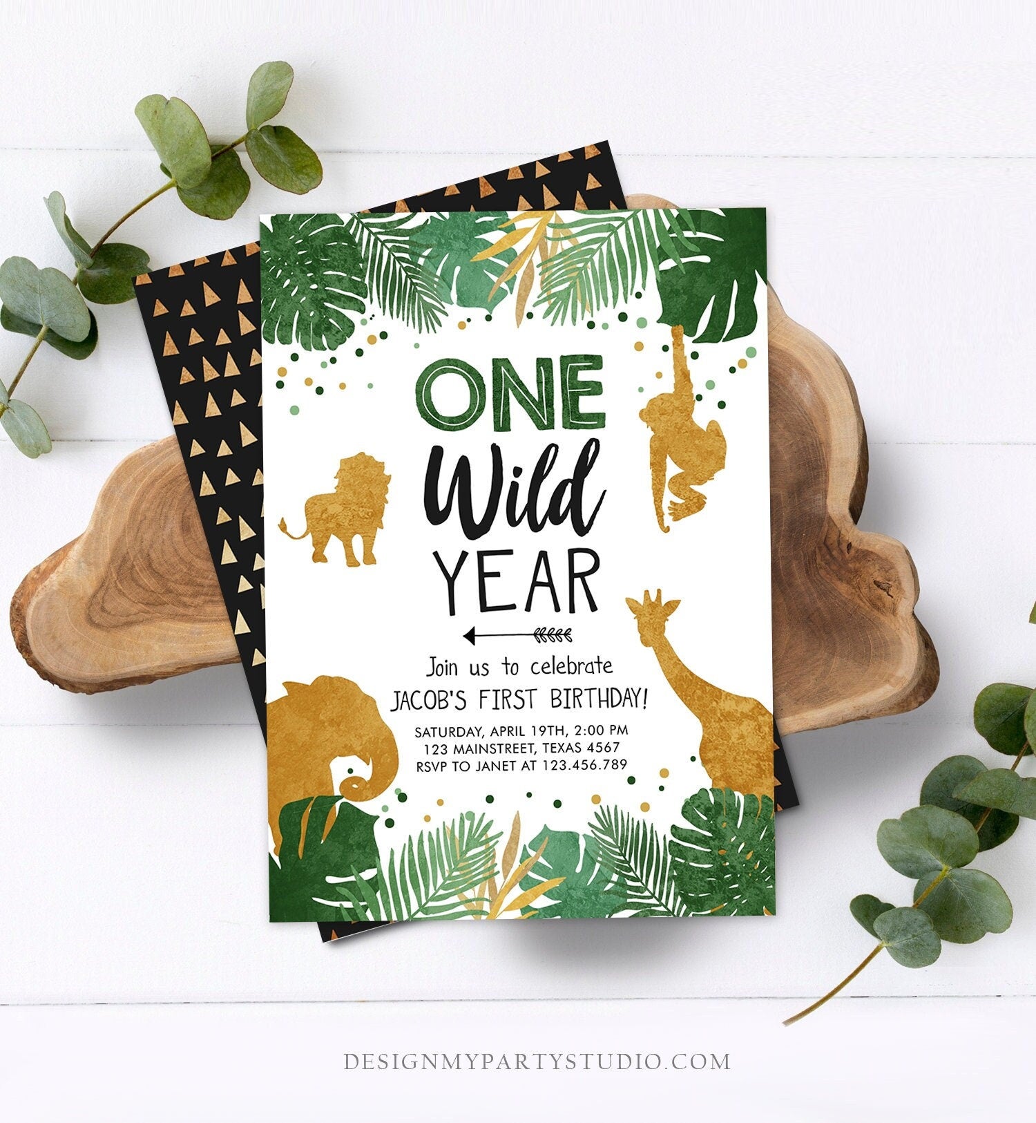 Editable Wild One Birthday Invitation Safari Animals Party Animals One Wild Year Black Gold First Birthday 1st Evite Template Printable 0016