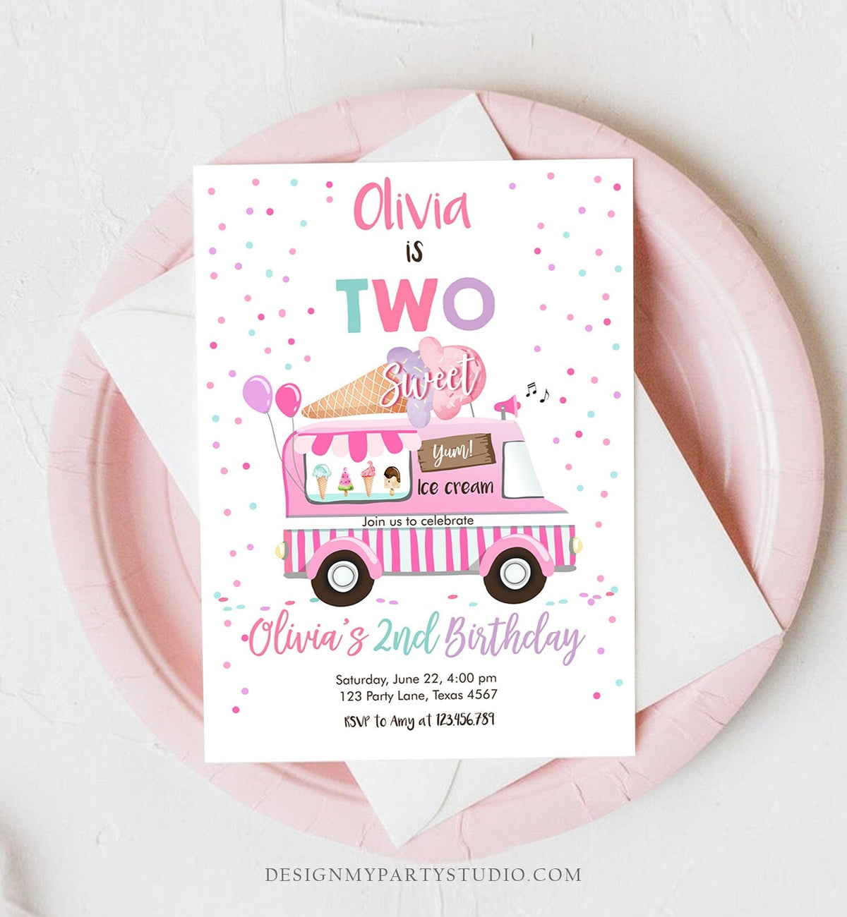Editable Ice Cream Truck Birthday Invitation Two Sweet Birthday 2nd Second Birthday Party Scoop Pink Girl Digital Template Printable 0243