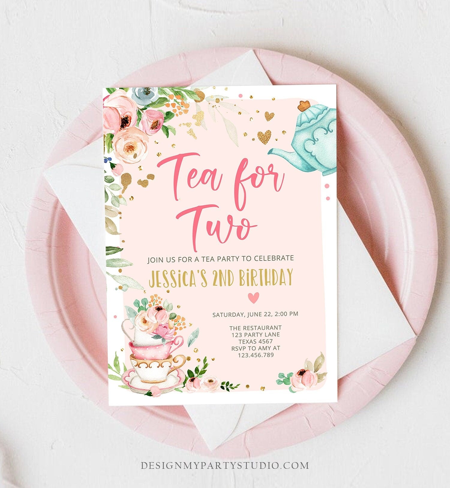 Editable Tea for Two Birthday Invitation Girl Tea Party Invite Pink Gold Floral Peach Pink Digital Download Evite Template Printable 0349