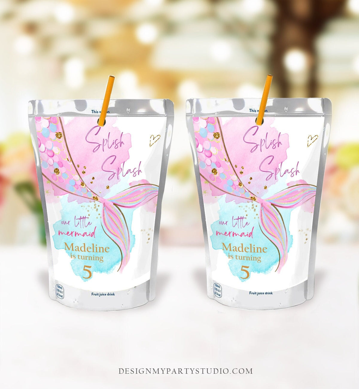 Editable Mermaid Juice Pouch Label Juice Favors Mermaid Birthday Party Girl Pink Blue Teal Under The Sea Digital Template Printable 0403