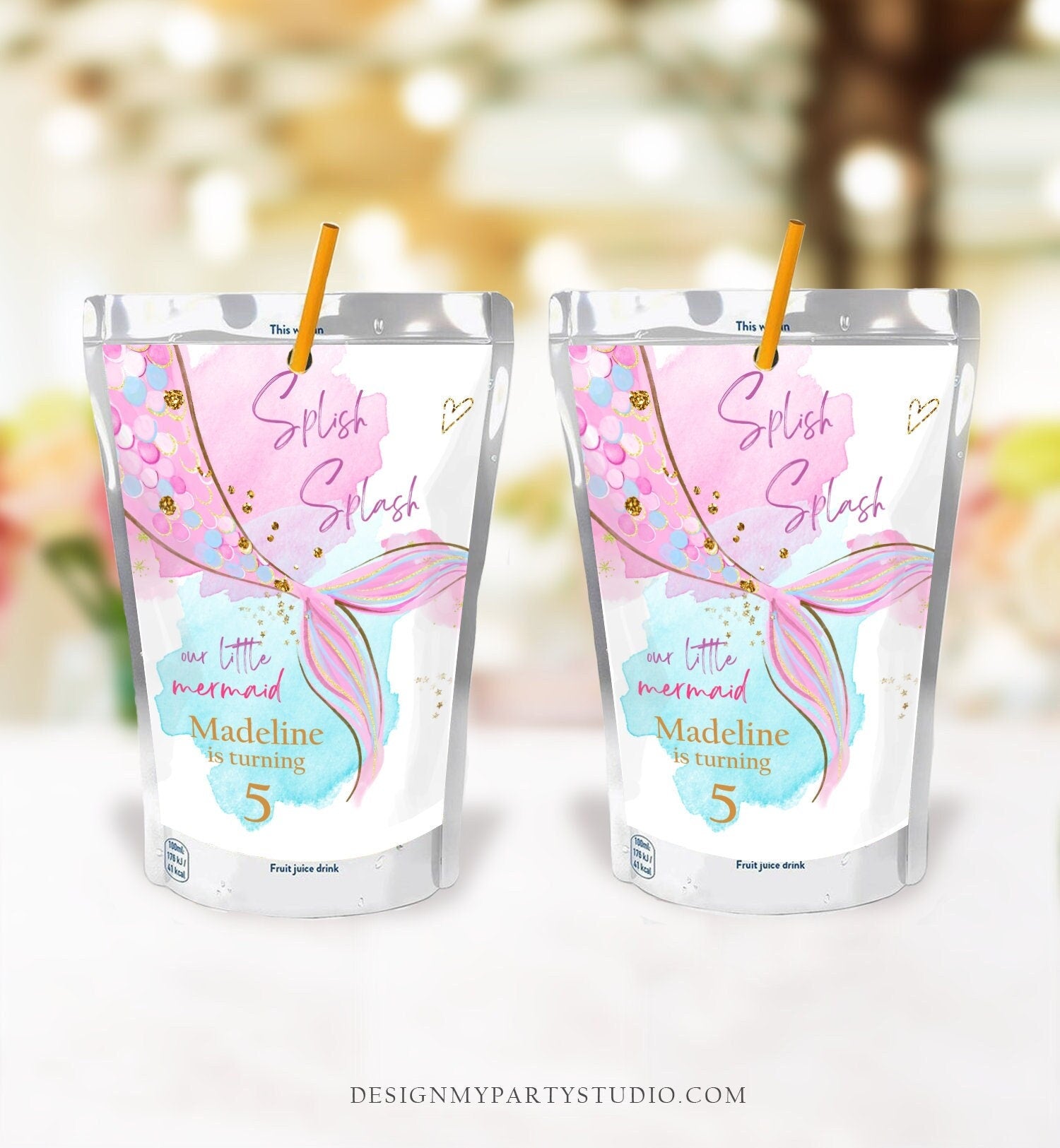 Editable Mermaid Juice Pouch Label Juice Favors Mermaid Birthday Party Girl Pink Blue Teal Under The Sea Digital Template Printable 0403