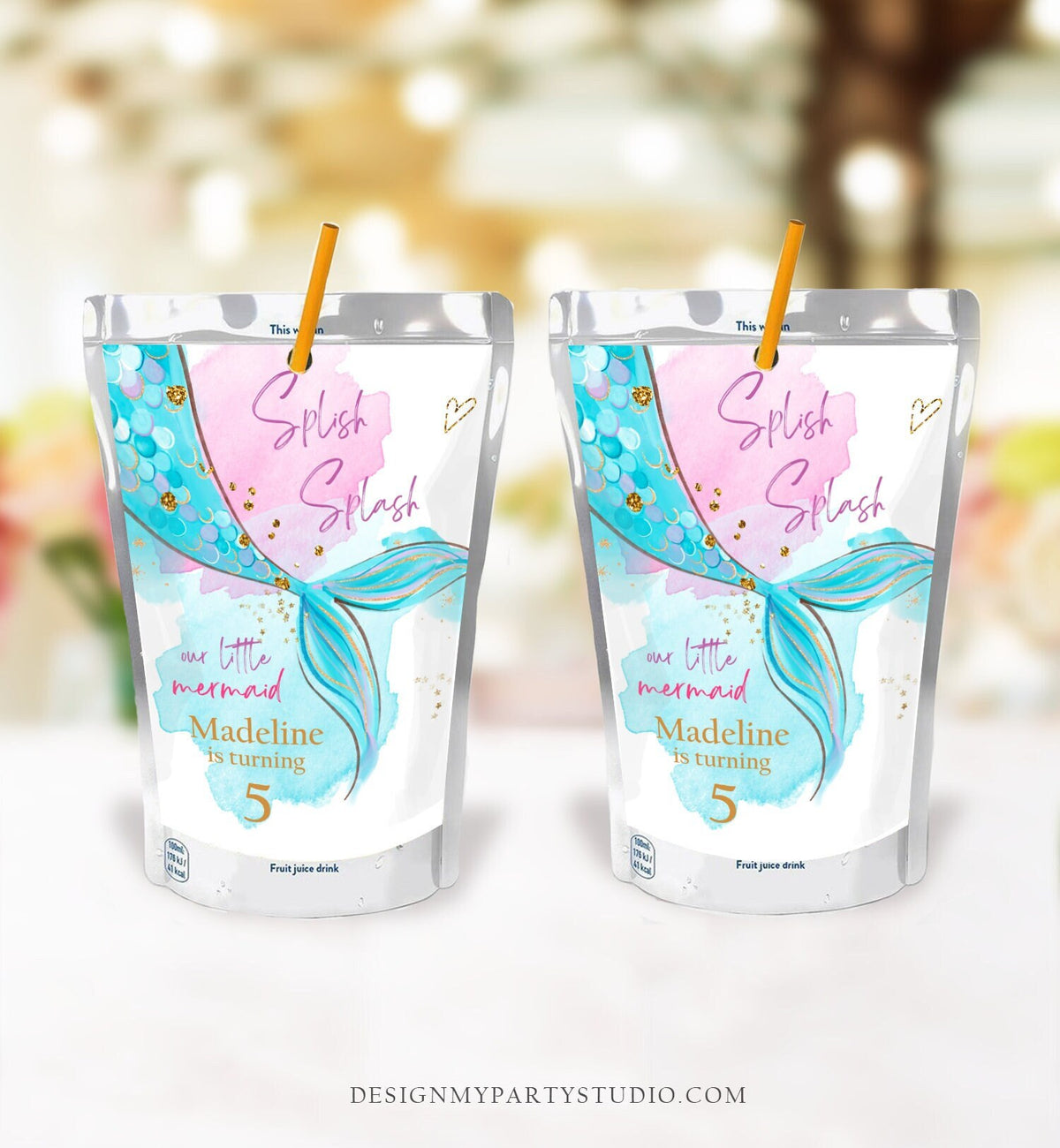 Editable Mermaid Juice Pouch Label Juice Favors Mermaid Birthday Party Girl Pink Blue Teal Under The Sea Digital Template Printable 0403