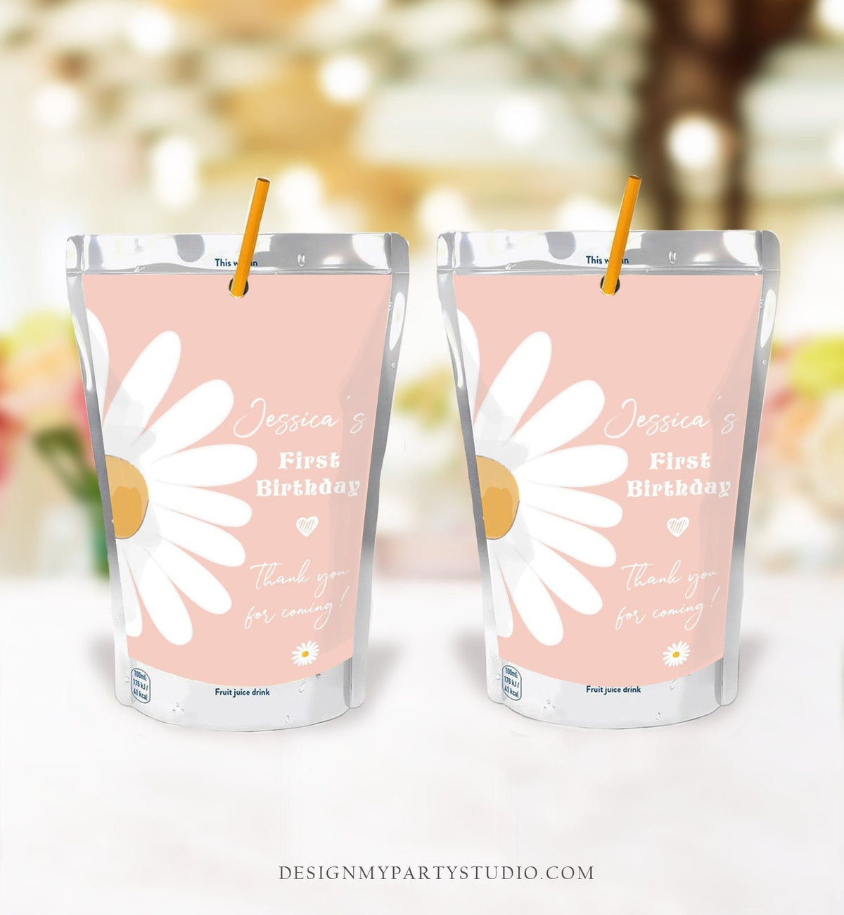 Editable Daisy Birthday Juice Pouch Label Juice Favors Daisy Boho Birthday Party Girl Wildflower Digital Download Template Printable 0410