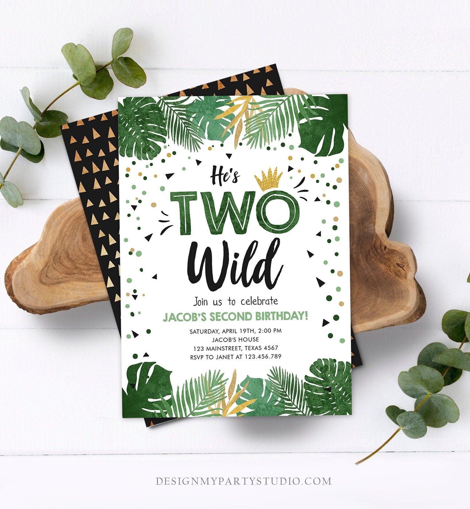 Editable Two Wild Birthday Invitation Boy Tropical Safari Boy Gold Jungle Second Birthday 2nd Digital Download Template Printable 0332