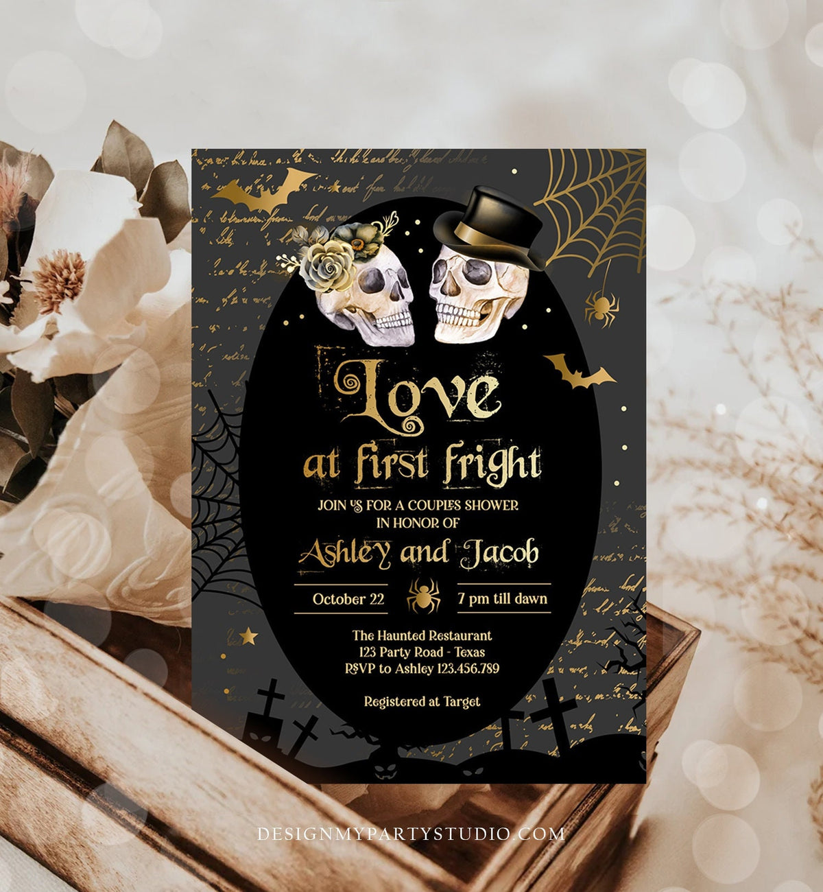 Editable Halloween Couples Shower Invitation Love at First Fright Gothic Bridal Shower Fall Skull Engagement Download Corjl 0472 0009