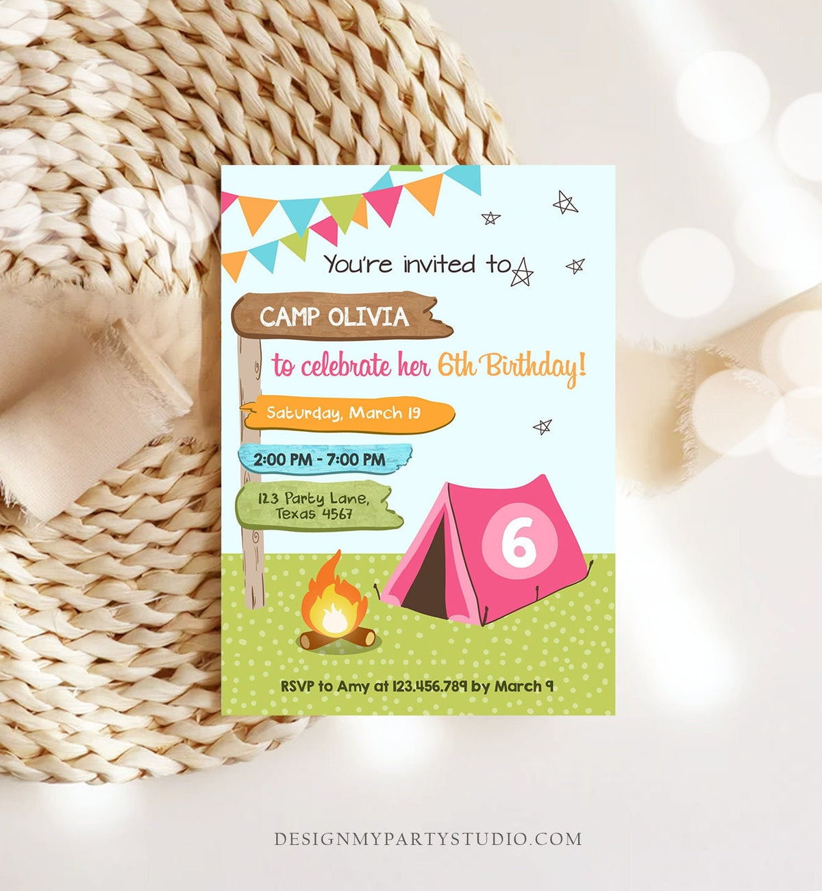 Editable Happy Camper Birthday Invitation Girl Pink Camping Party Pink Camper Glamping Digital Download Evite Template Printable 0452