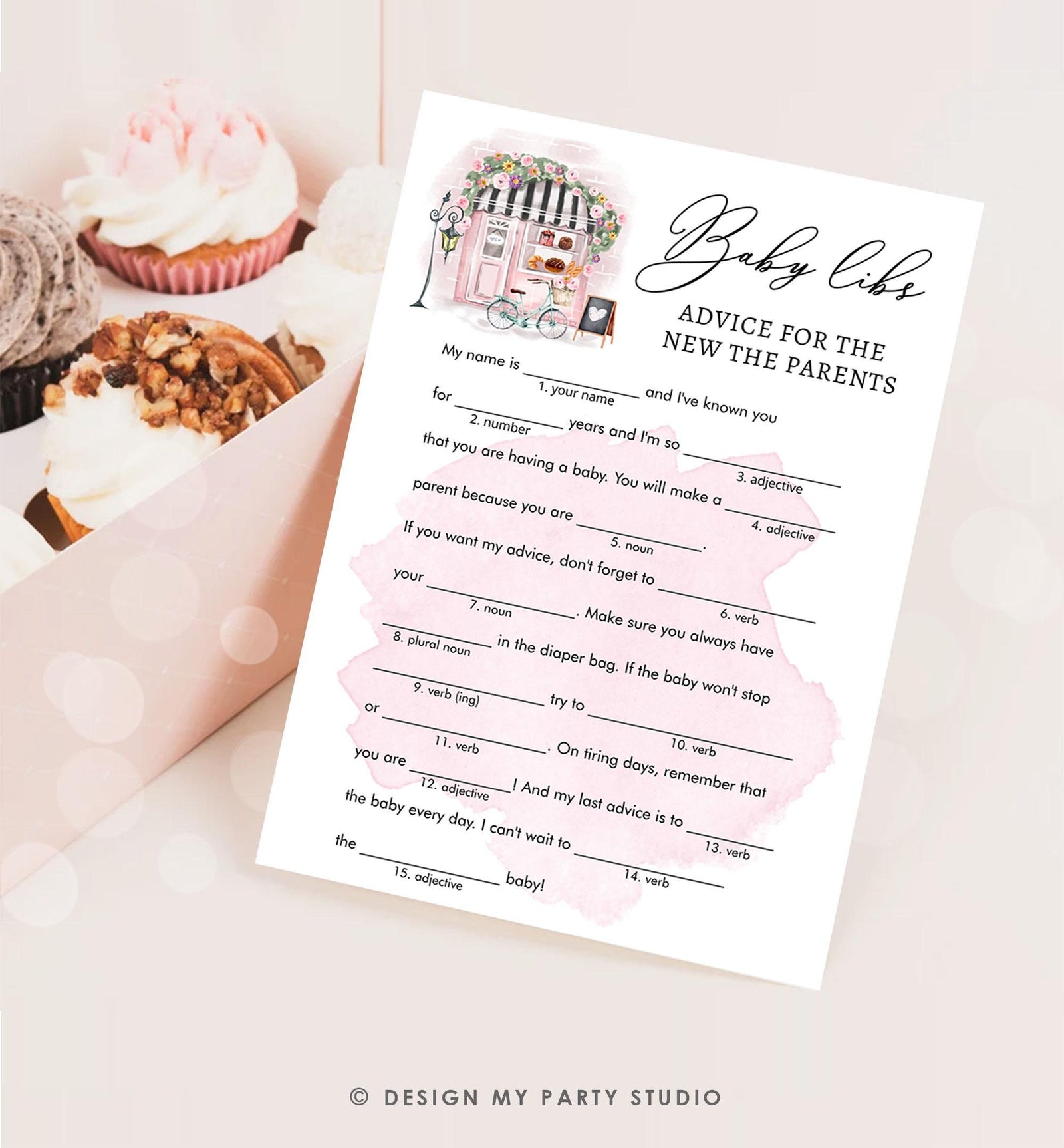 Editable Baby Libs Advice Game Paris Baby Shower Game Bonjour Bebe French Patisserie Parisian Eiffel Tower Download Template Printable 0441