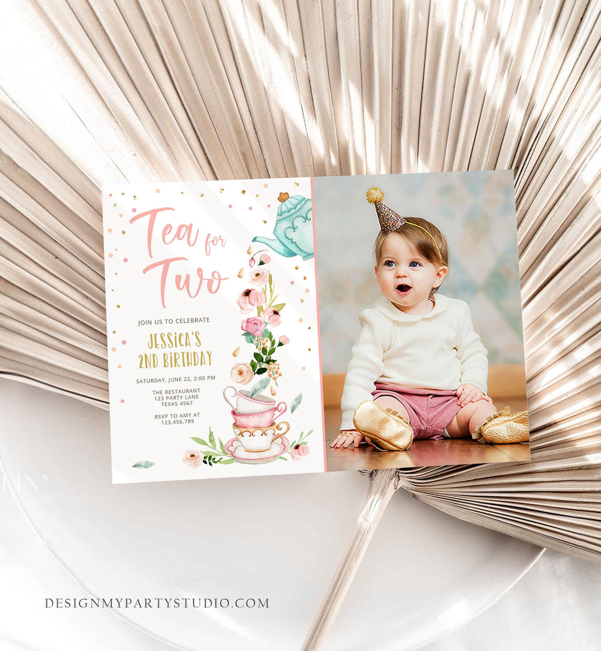 Editable Tea for Two Birthday Invitation Girl Tea Party Invite Pink Gold Floral Peach Pink Download Printable Template Digital Evite 0349