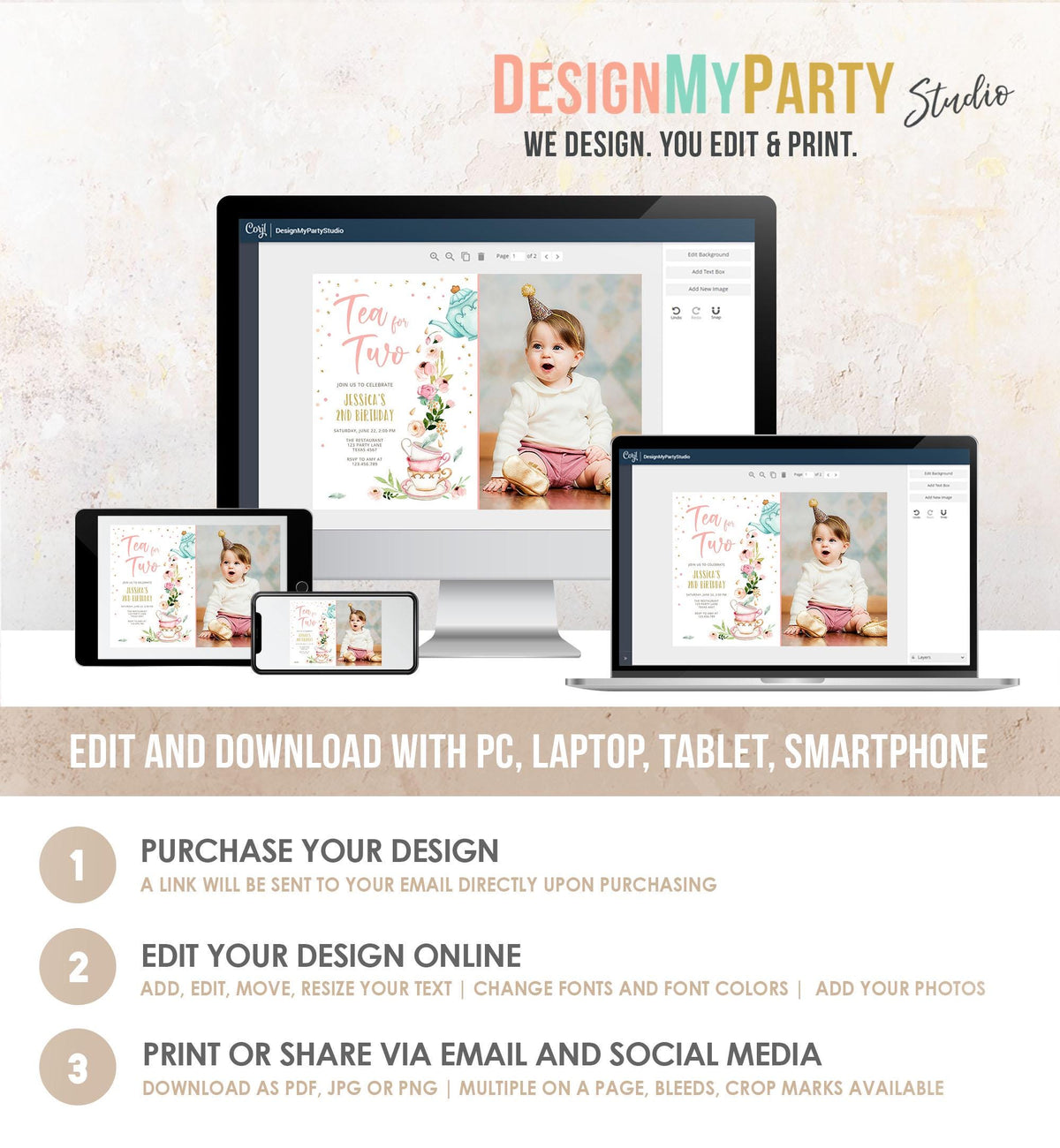 Editable Tea for Two Birthday Invitation Girl Tea Party Invite Pink Gold Floral Peach Pink Download Printable Template Digital Evite 0349