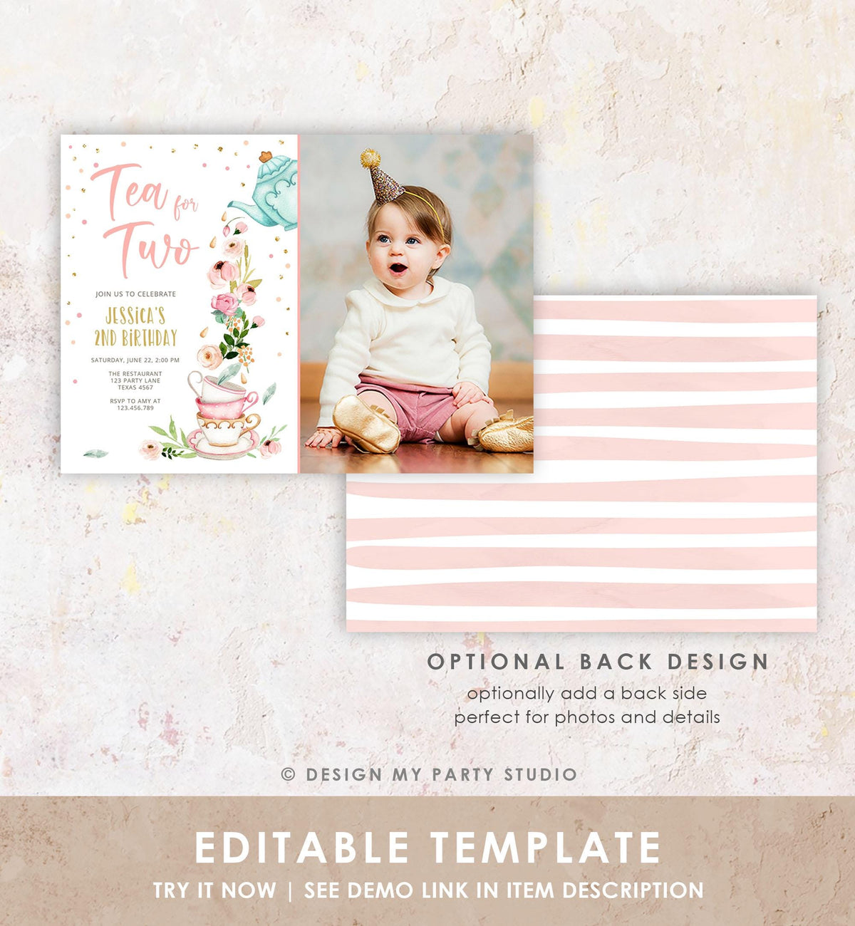 Editable Tea for Two Birthday Invitation Girl Tea Party Invite Pink Gold Floral Peach Pink Download Printable Template Digital Evite 0349