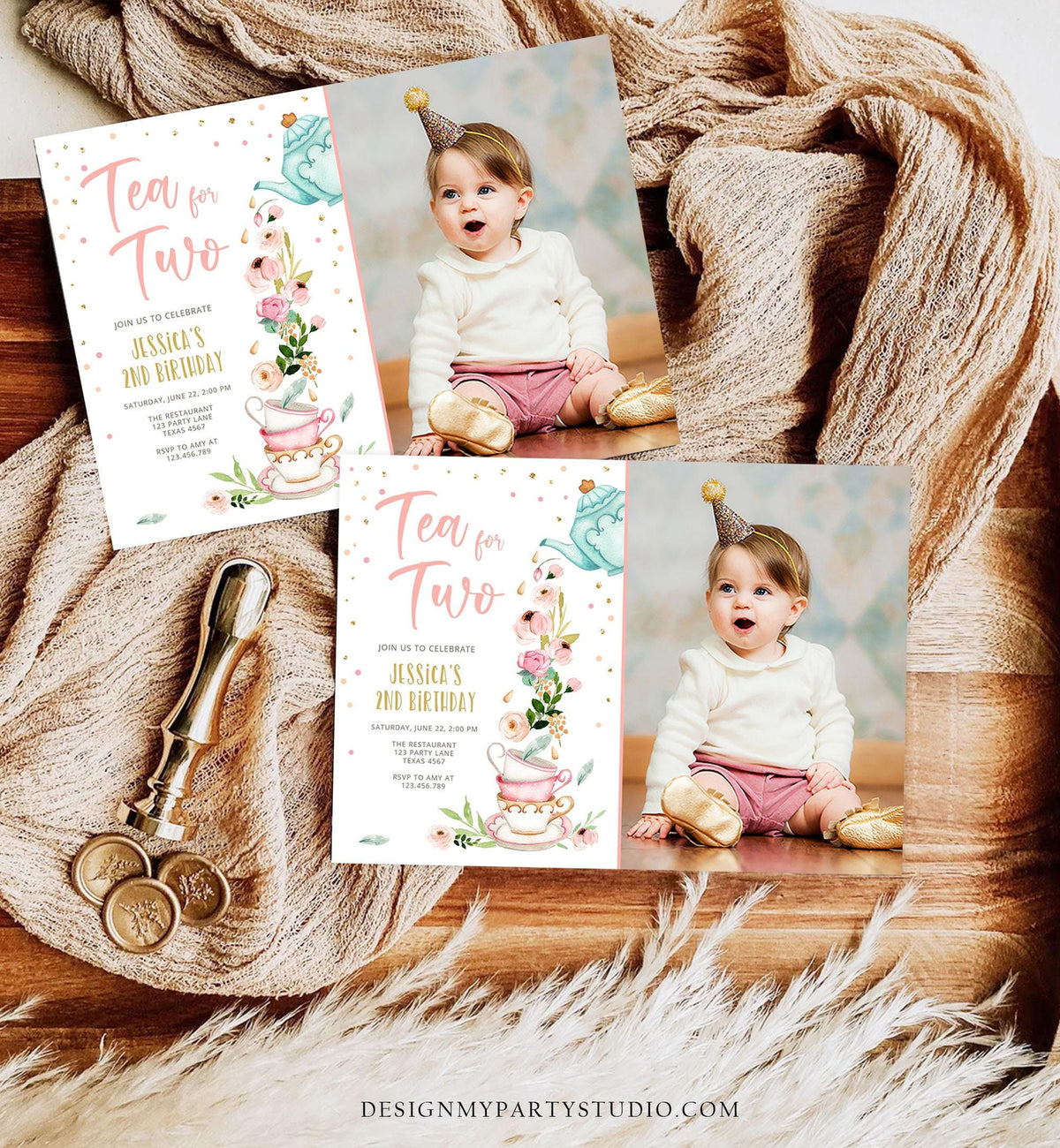 Editable Tea for Two Birthday Invitation Girl Tea Party Invite Pink Gold Floral Peach Pink Download Printable Template Digital Evite 0349