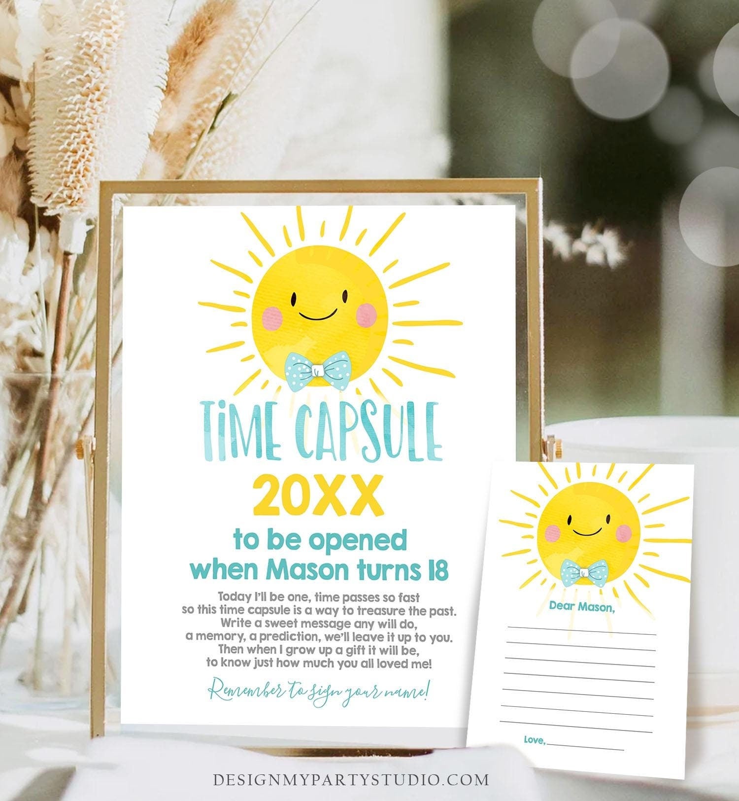 Editable Time Capsule Sunshine First Birthday Party Little Sunshine Blue Boy 1st Birthday Summer Guestbook Digital Template Printable 0141