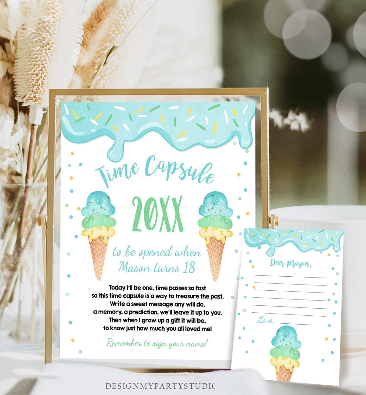 Editable Ice Cream Time Capsule First Birthday Party Ice Cream Birthday Summer Party Decor Scoop Cone Boy Digital Template Printable 0243