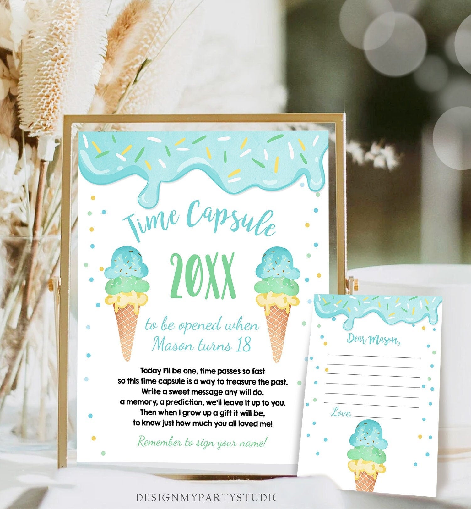 Editable Ice Cream Time Capsule First Birthday Party Ice Cream Birthday Summer Party Decor Scoop Cone Boy Digital Template Printable 0243