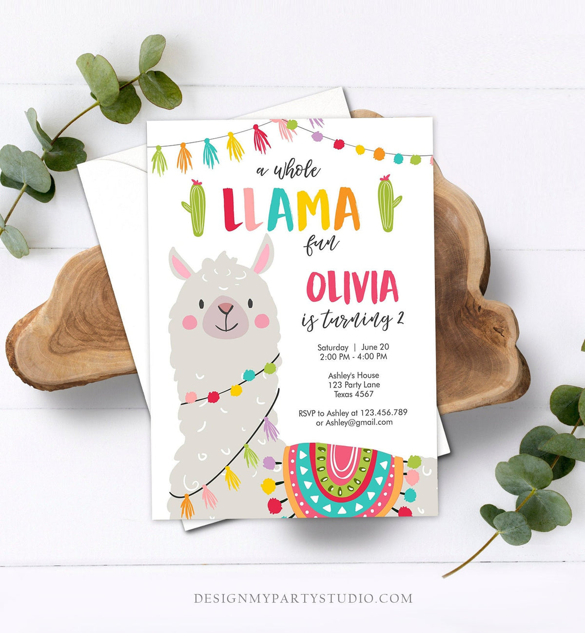 Editable Whole Llama Fun Birthday Invitation Fiesta Mexican Cactus White Boy Girl Alpaca Digital Download Evite Template Printable 0079