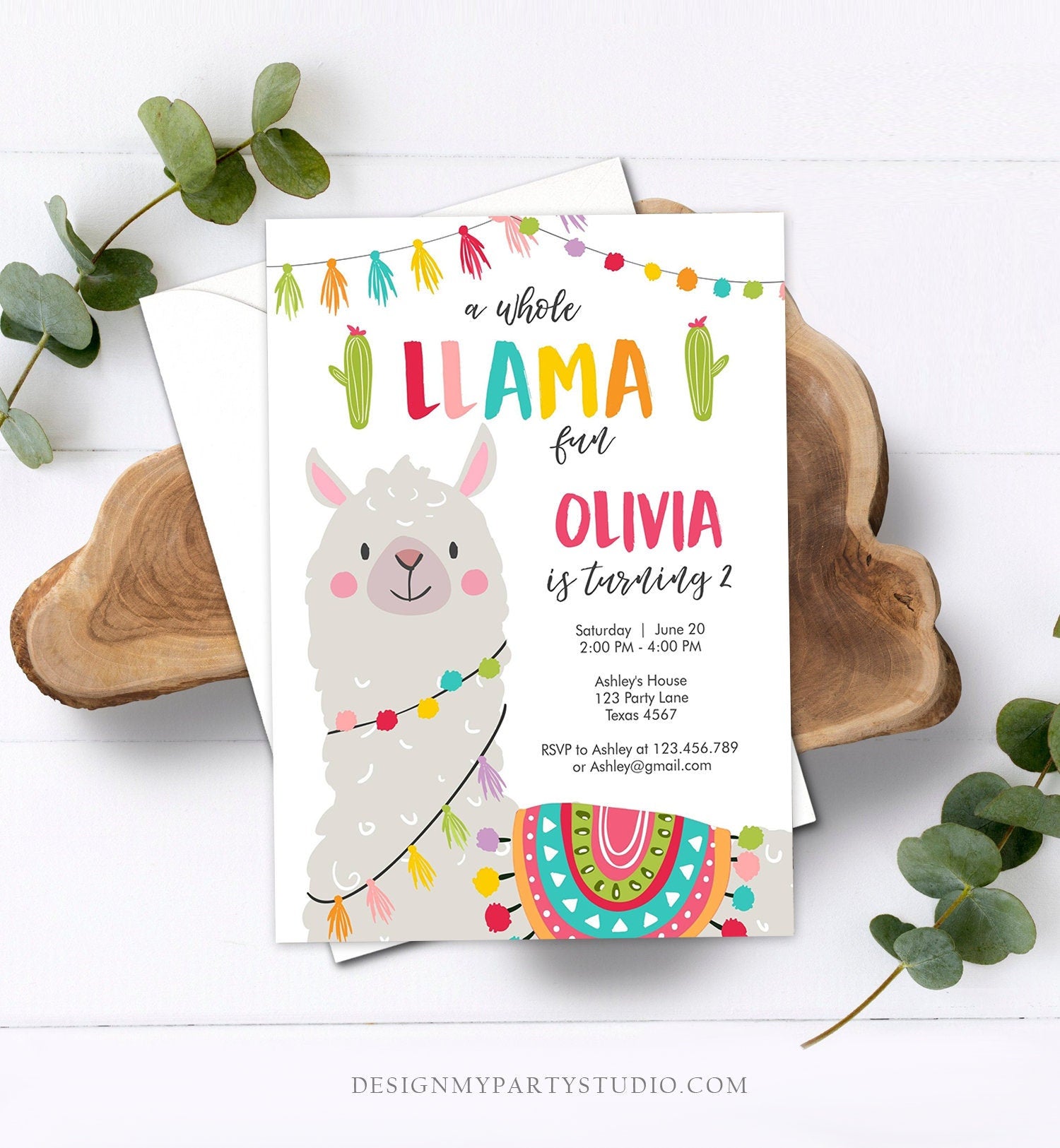 Editable Whole Llama Fun Birthday Invitation Fiesta Mexican Cactus White Boy Girl Alpaca Digital Download Evite Template Printable 0079
