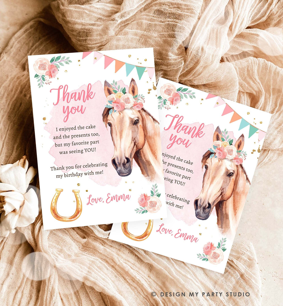Editable Horse Birthday Thank You Card Card Girl Horse Party Cowgirl Pink Floral Flowers Saddle Up Download Digital Template Printable 0398