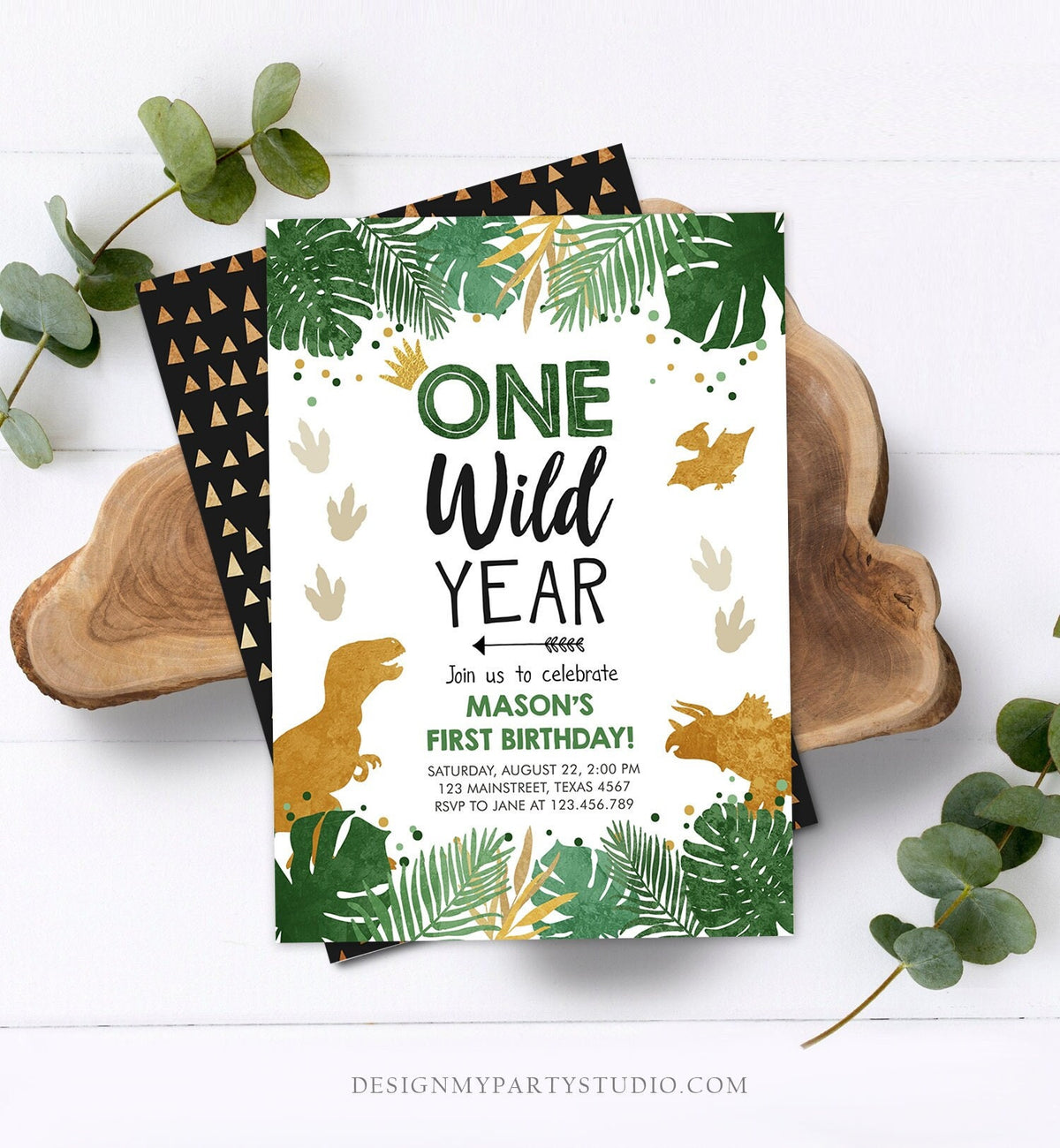 Editable One Wild Year Dinosaur Birthday Invitation T-Rex Dino Party Boy First Birthday Wild One Prehistoric Digital Template Printable 0146