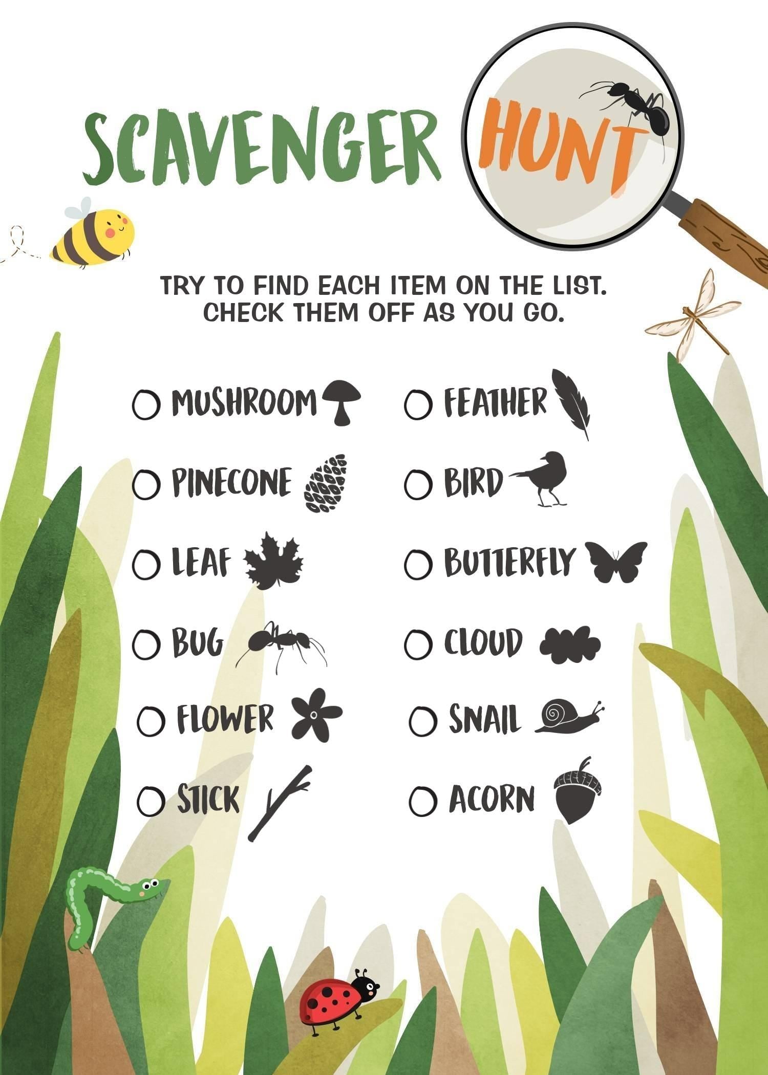 Editable Nature Scavenger Hunt for Kids Hiking Game Camping Party Game Trail Nature Walk Bug Printable Game Digital Download Template 0090