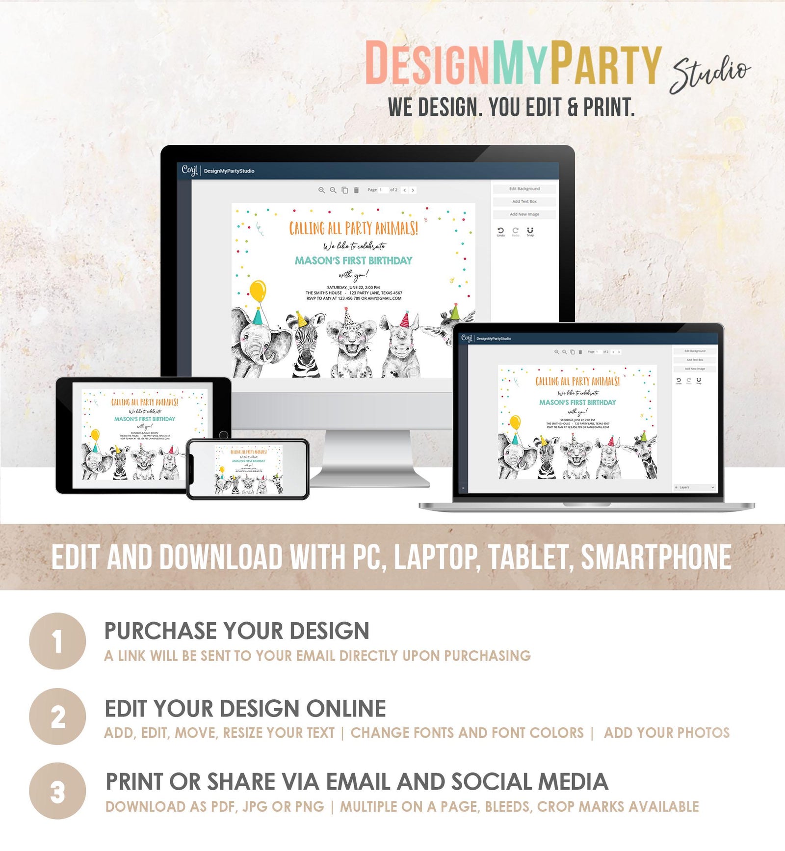 Editable Party Animals Birthday Invitation Wild One Animals Invitation Zoo Safari Animals Boy Instant Download Printable Evite Template 0390