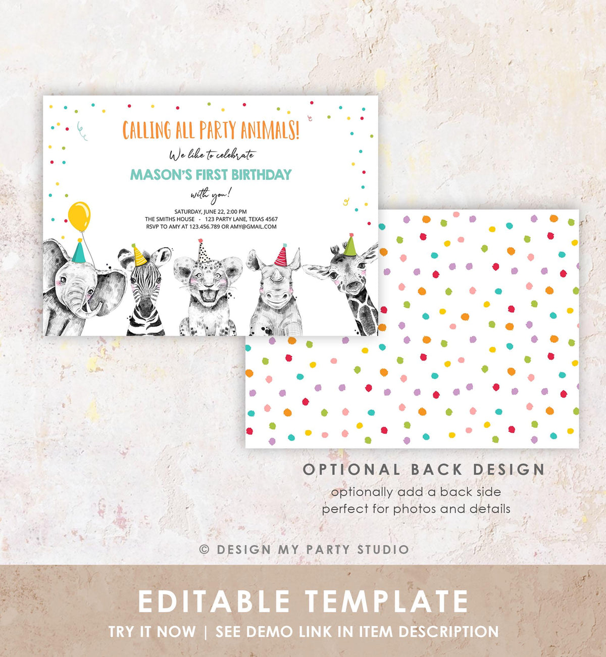 Editable Party Animals Birthday Invitation Wild One Animals Invitation Zoo Safari Animals Boy Instant Download Printable Evite Template 0390