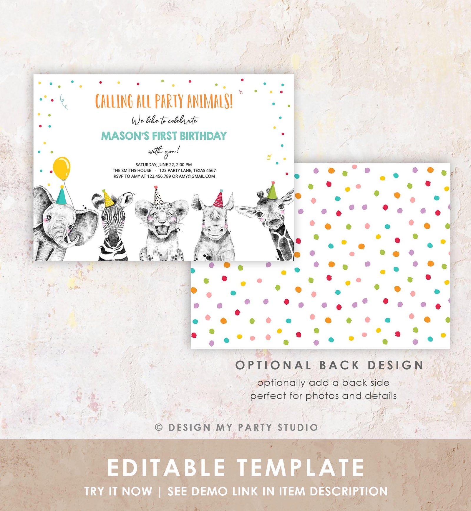 Editable Party Animals Birthday Invitation Wild One Animals Invitation Zoo Safari Animals Boy Instant Download Printable Evite Template 0390