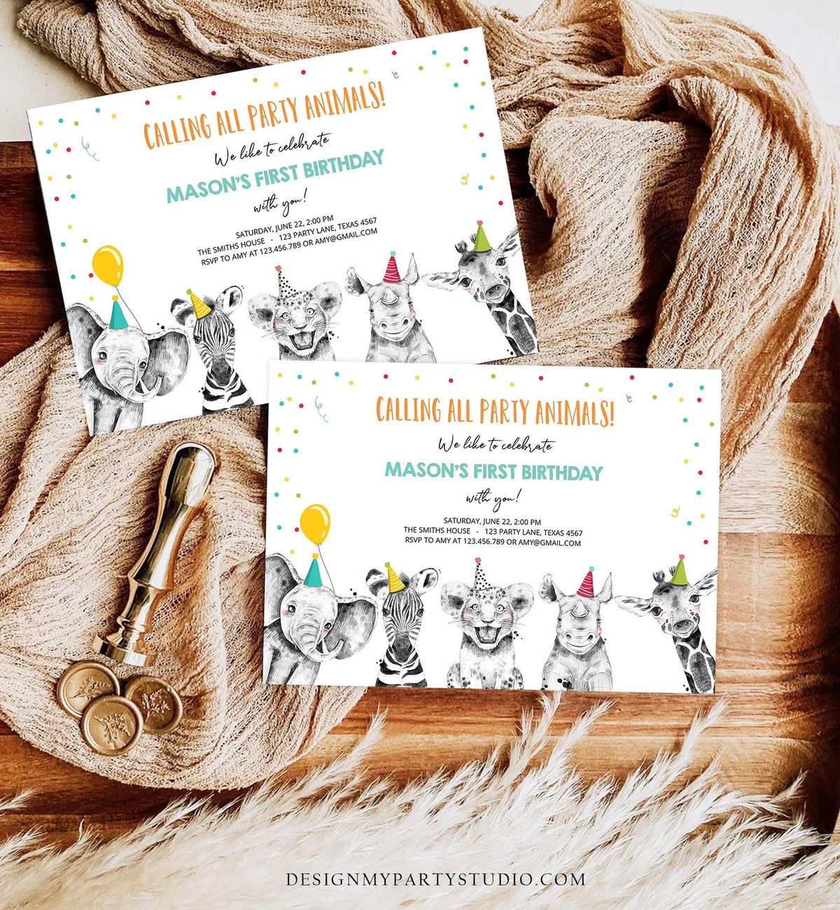 Editable Party Animals Birthday Invitation Wild One Animals Invitation Zoo Safari Animals Boy Instant Download Printable Evite Template 0390