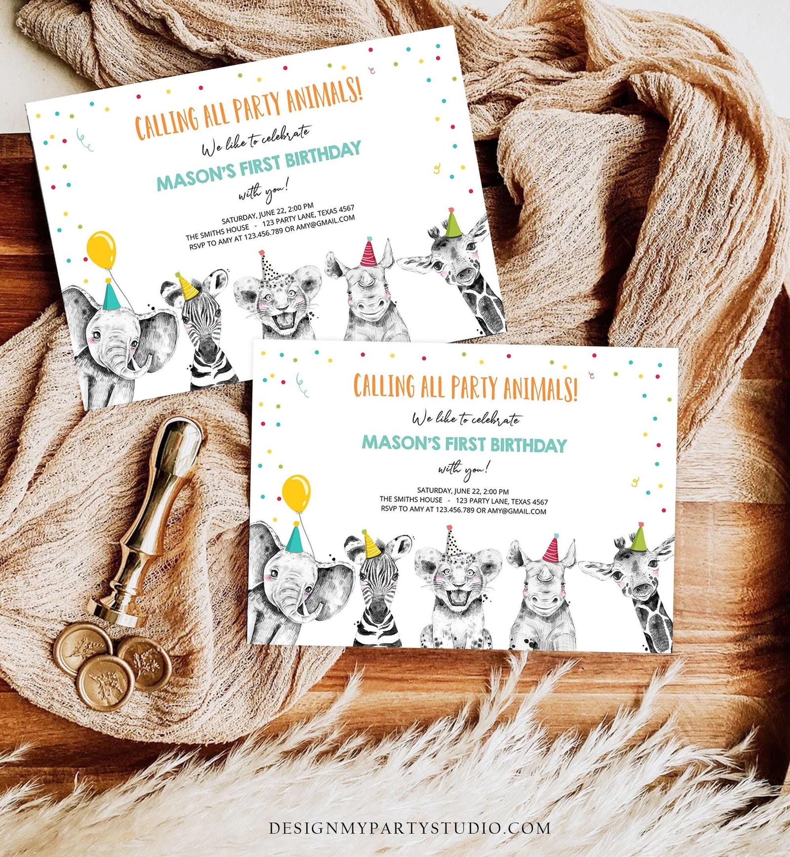 Editable Party Animals Birthday Invitation Wild One Animals Invitation Zoo Safari Animals Boy Instant Download Printable Evite Template 0390