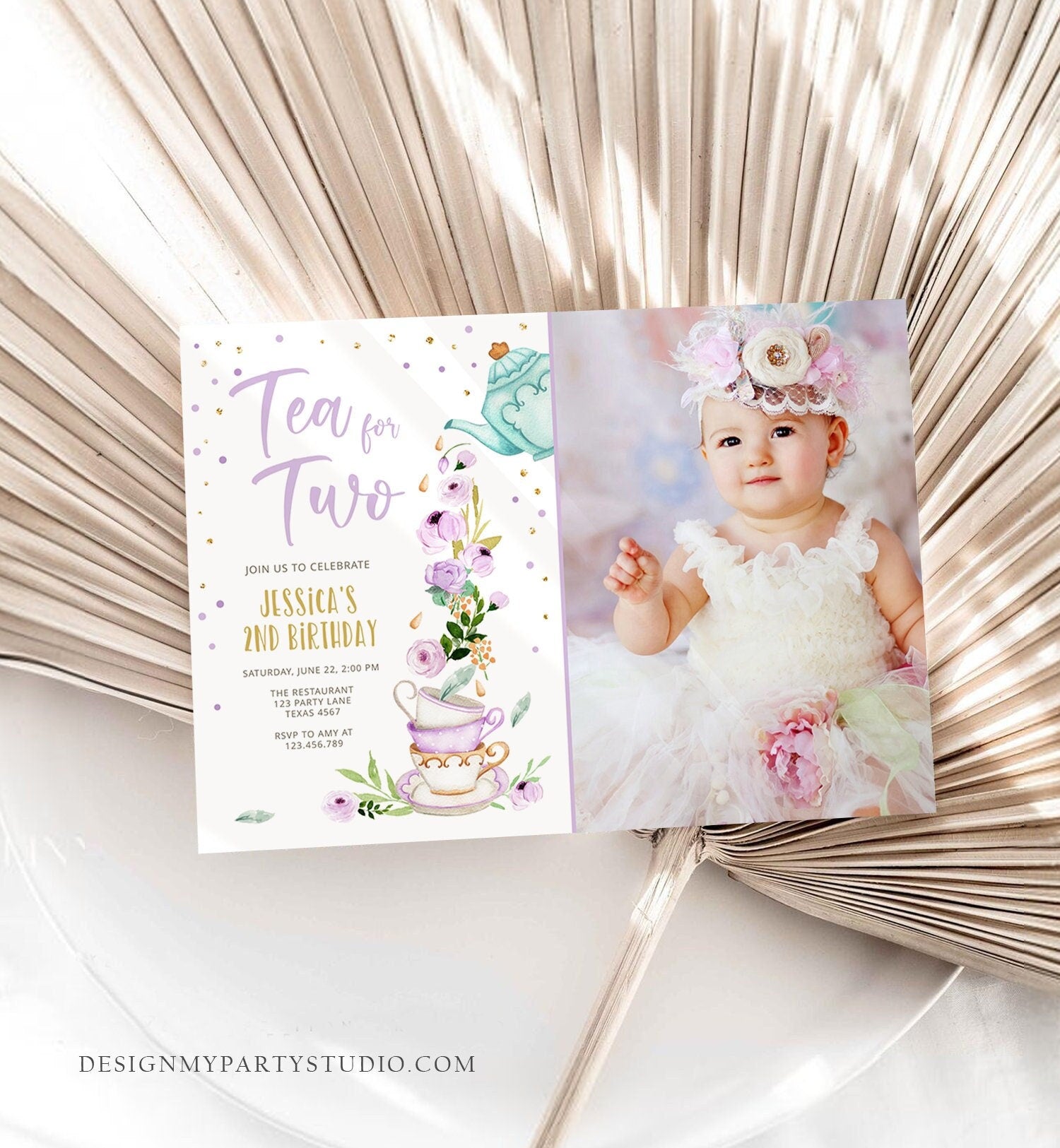 Editable Tea for Two Birthday Invitation Girl Tea Party Invite Pink Purple Floral Baby Shower Download Printable Template Digital Evite 0349