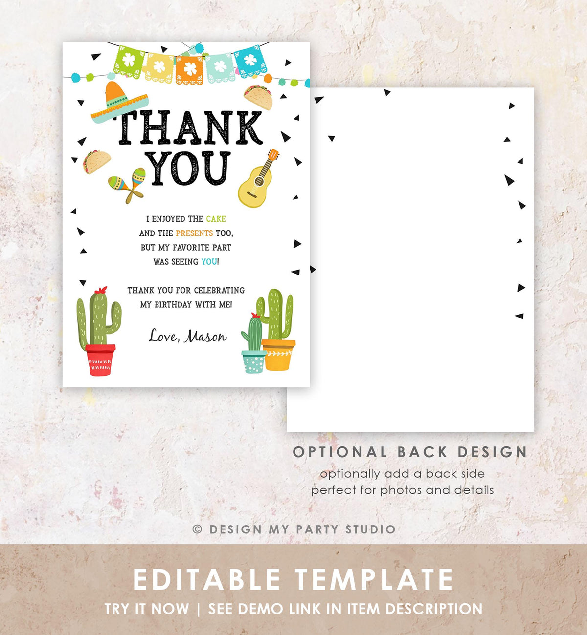Editable Fiesta Thank You Card Birthday Taco Bout Bridal Shower Baby Cactus Succulent Mexican First Fiesta Digital Template Printable 0161