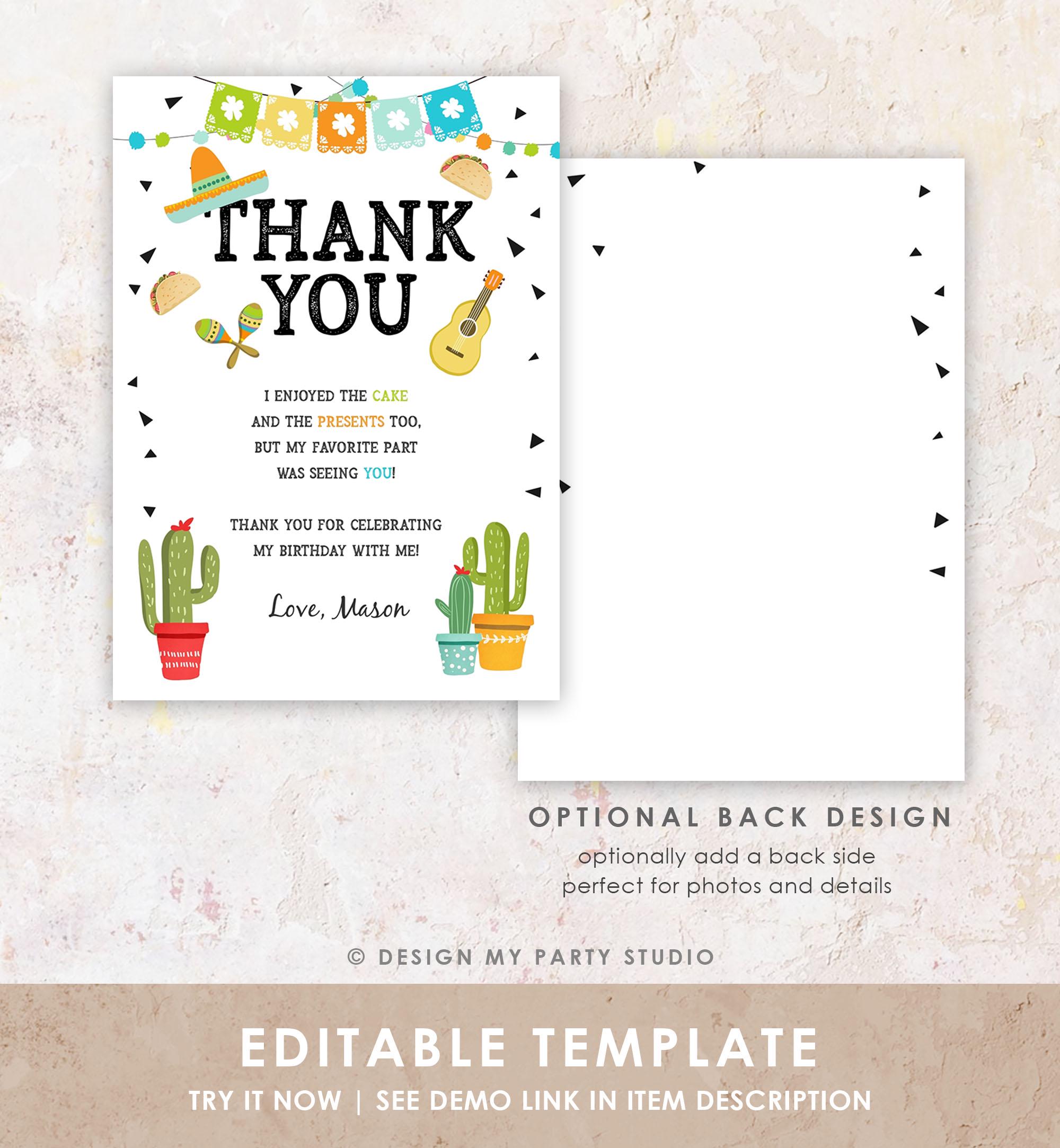 Editable Fiesta Thank You Card Birthday Taco Bout Bridal Shower Baby Cactus Succulent Mexican First Fiesta Digital Template Printable 0161