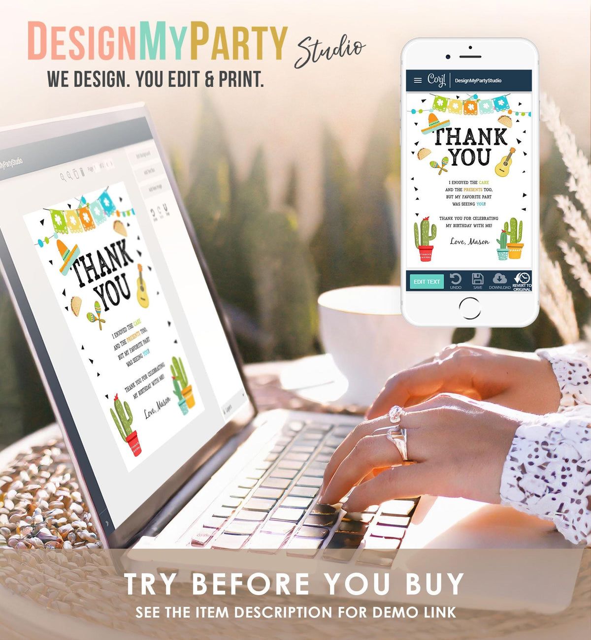 Editable Fiesta Thank You Card Birthday Taco Bout Bridal Shower Baby Cactus Succulent Mexican First Fiesta Digital Template Printable 0161