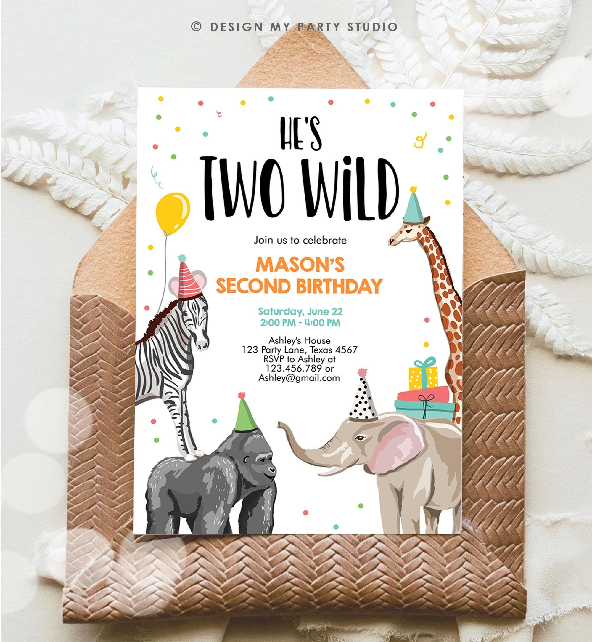 Editable Two Wild Birthday Invitation Safari Animals Party Jungle Zoo Animals Boy Party Animals Download Printable Evite Template 0142