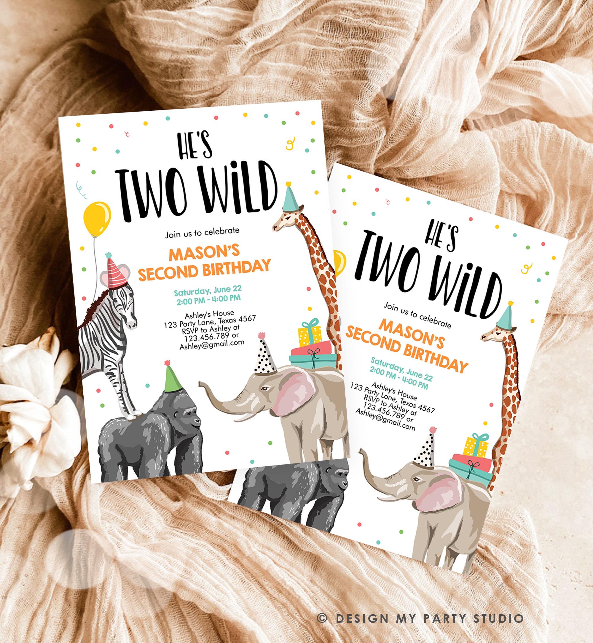 Editable Two Wild Birthday Invitation Safari Animals Party Jungle Zoo Animals Boy Party Animals Download Printable Evite Template 0142