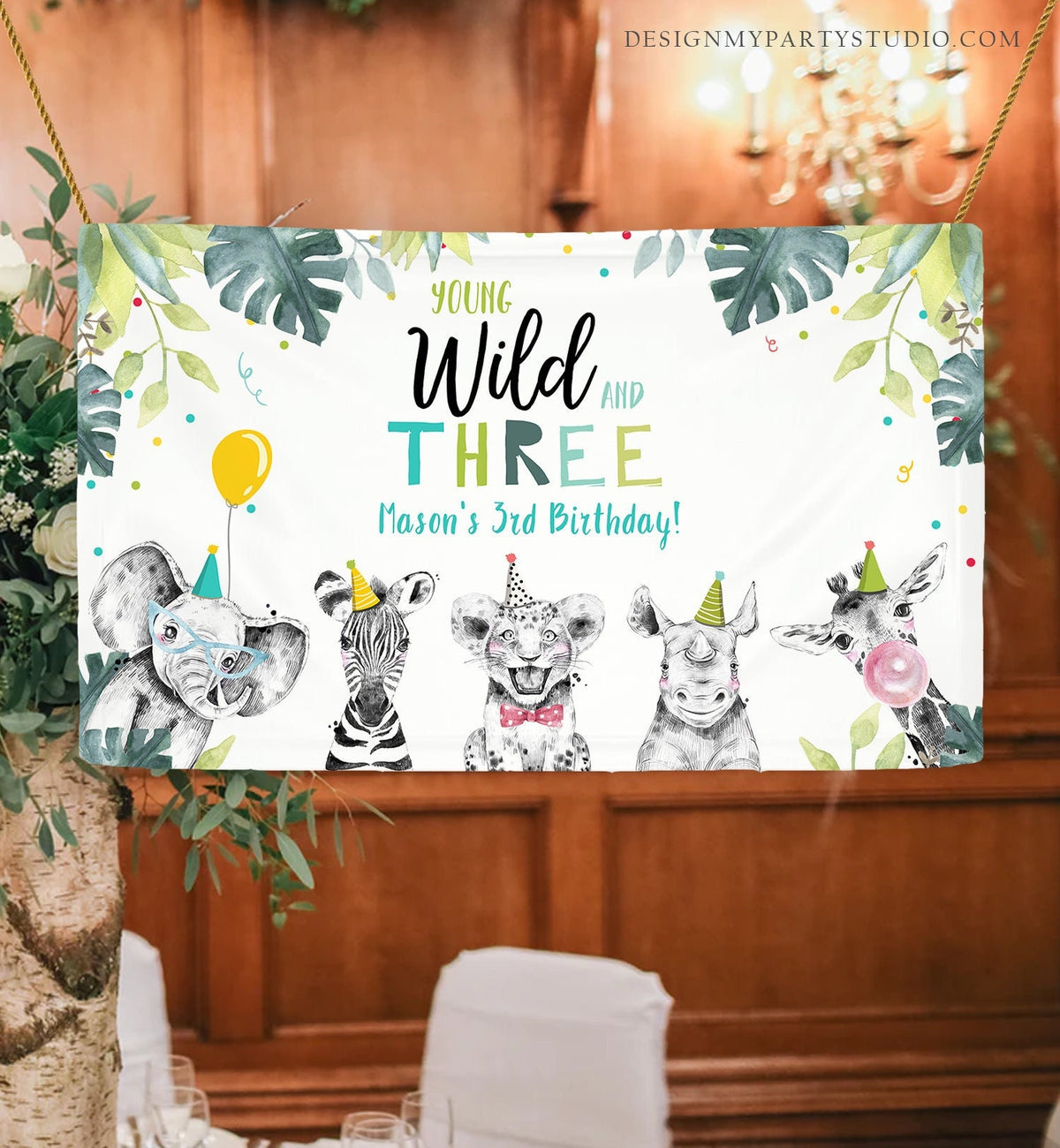 Editable Party Animals Birthday Backdrop Banner Safari Animals Boy Wild and Three Welcome Sign Download Digital Template Printable 0322