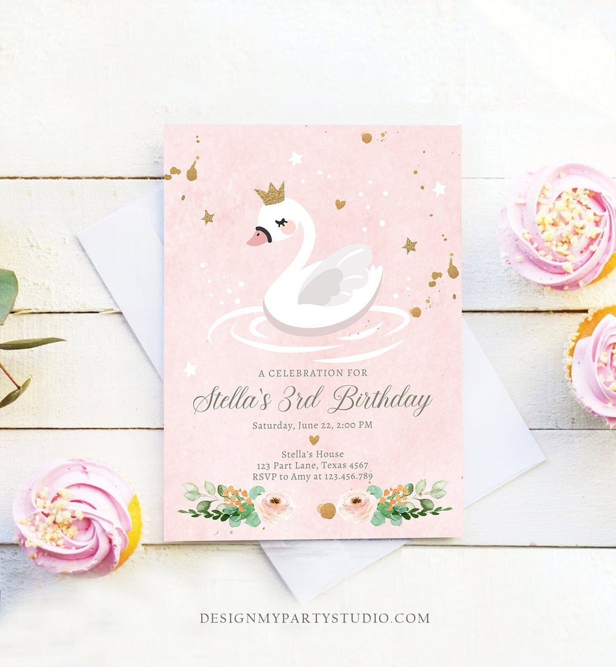 Editable Swan Birthday Invitation Girl Swan Princess Birthday Invite Pink Gold 1st 2nd 3rd Download Printable Template Digital Evite 0382