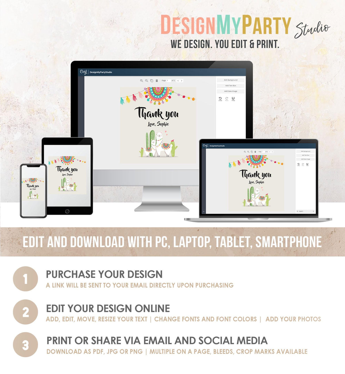 Editable Llama Thank You Favor Tags Baby Shower Stickers Fiesta Cactus Alpaca Mexican Round Square Labesl Neutral Digital Template 0079