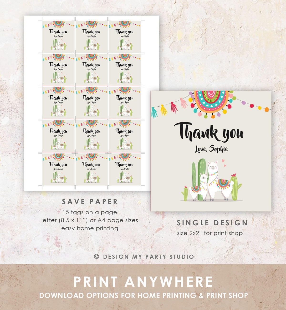 Editable Llama Thank You Favor Tags Baby Shower Stickers Fiesta Cactus Alpaca Mexican Round Square Labesl Neutral Digital Template 0079