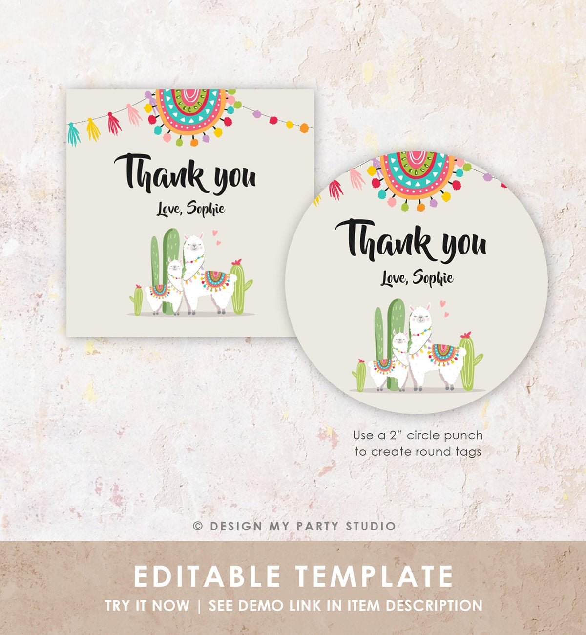 Editable Llama Thank You Favor Tags Baby Shower Stickers Fiesta Cactus Alpaca Mexican Round Square Labesl Neutral Digital Template 0079