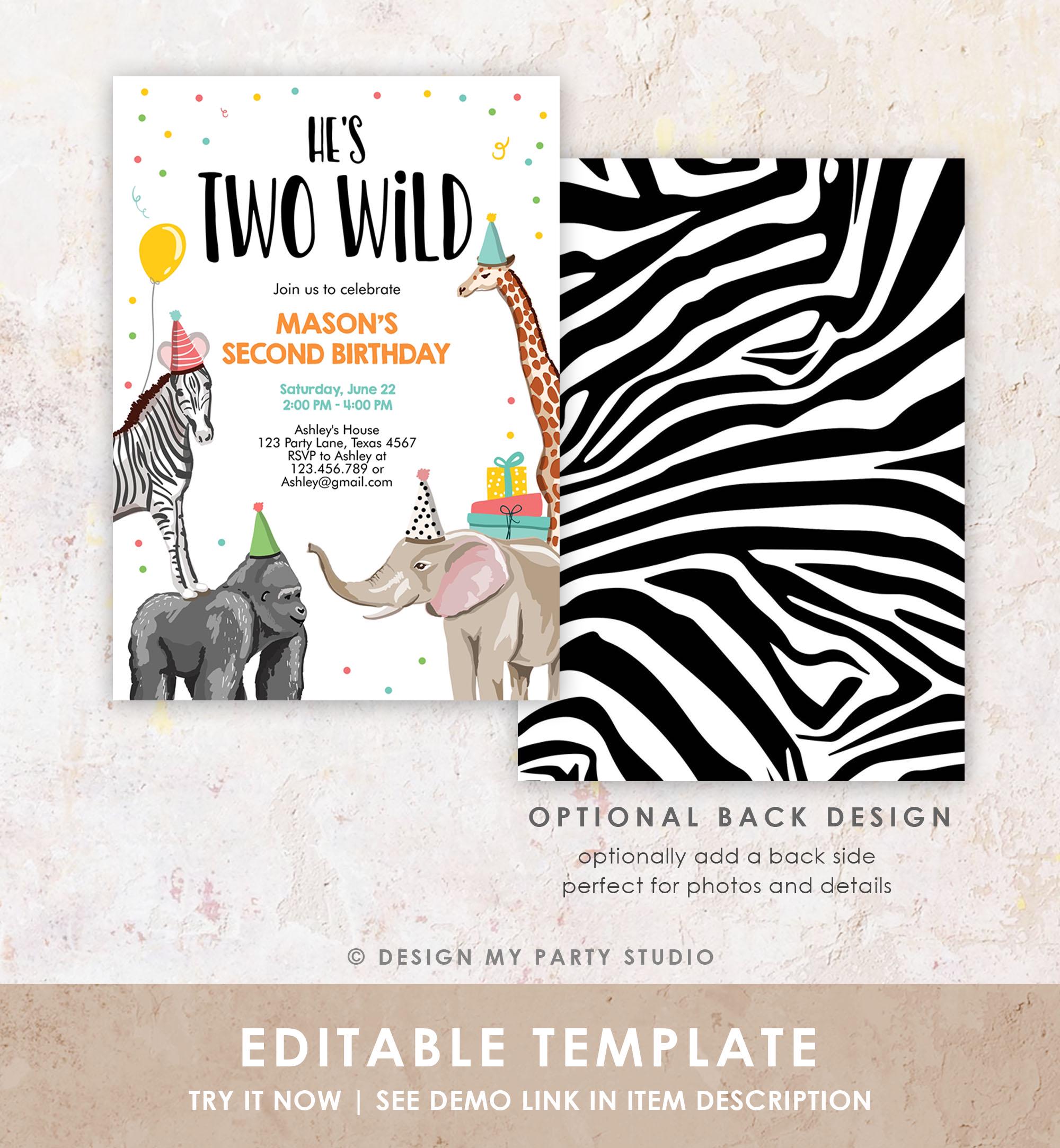 Editable Two Wild Birthday Invitation Safari Animals Party Jungle Zoo Animals Boy Party Animals Download Printable Evite Template 0142