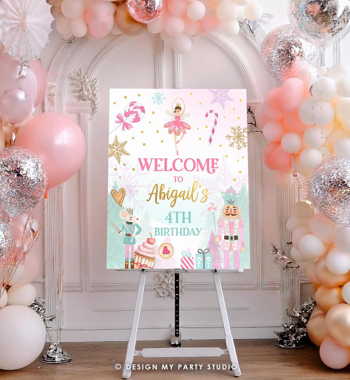 Editable Nutcracker Birthday Welcome Sign Winter Birthday Girl Land of Sweets Christmas Holiday Pink Gold Digital Template Printable 0352