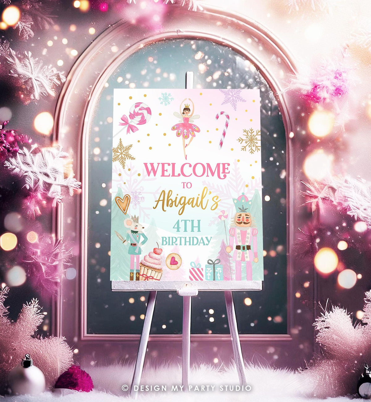 Editable Nutcracker Birthday Welcome Sign Winter Birthday Girl Land of Sweets Christmas Holiday Pink Gold Digital Template Printable 0352