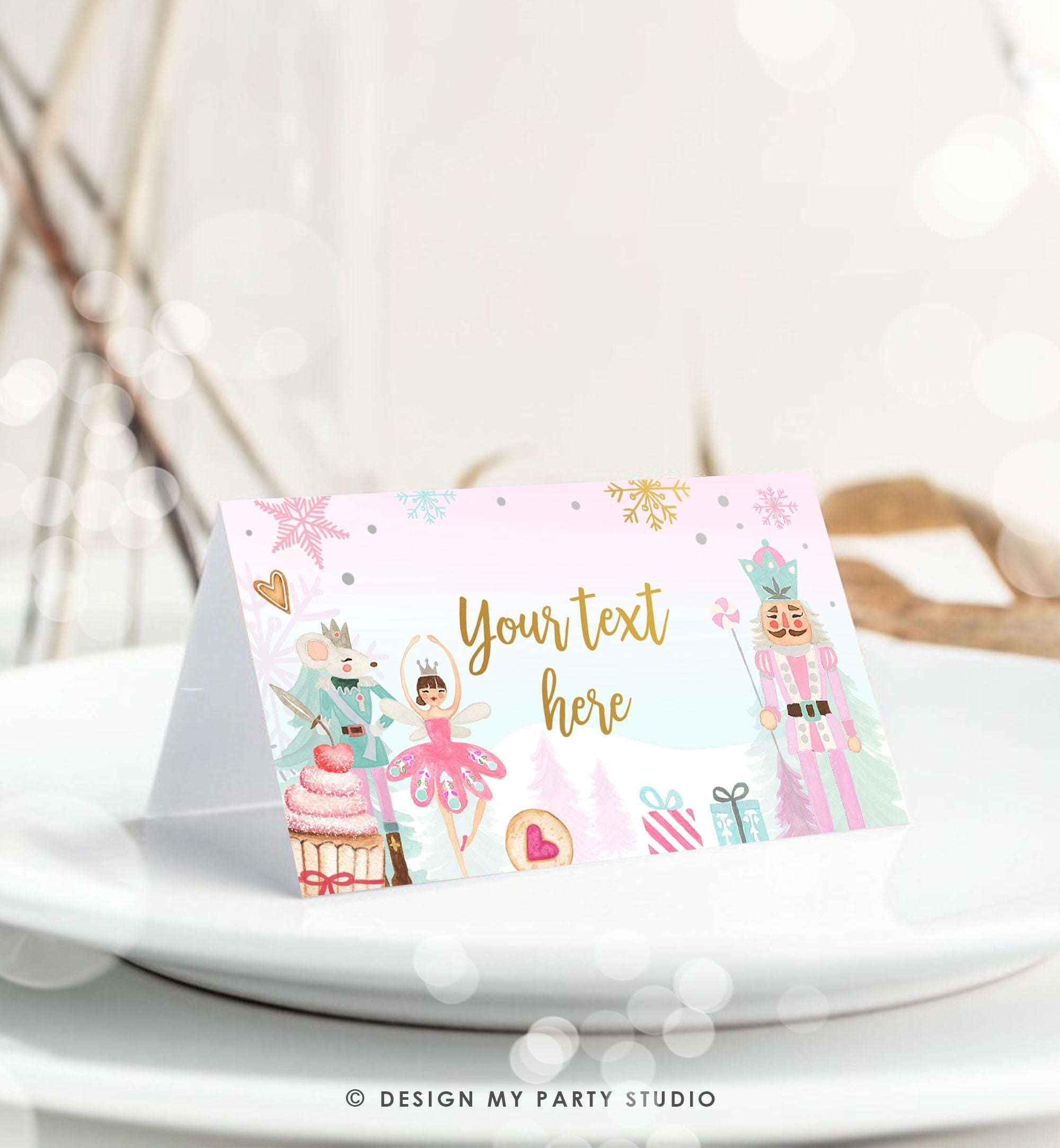 Editable Nutcracker Birthday Food Tent Cards Pink Gold Labels Girl Winter Party Place Cards Land of Sweets Digital Template Printable 0352