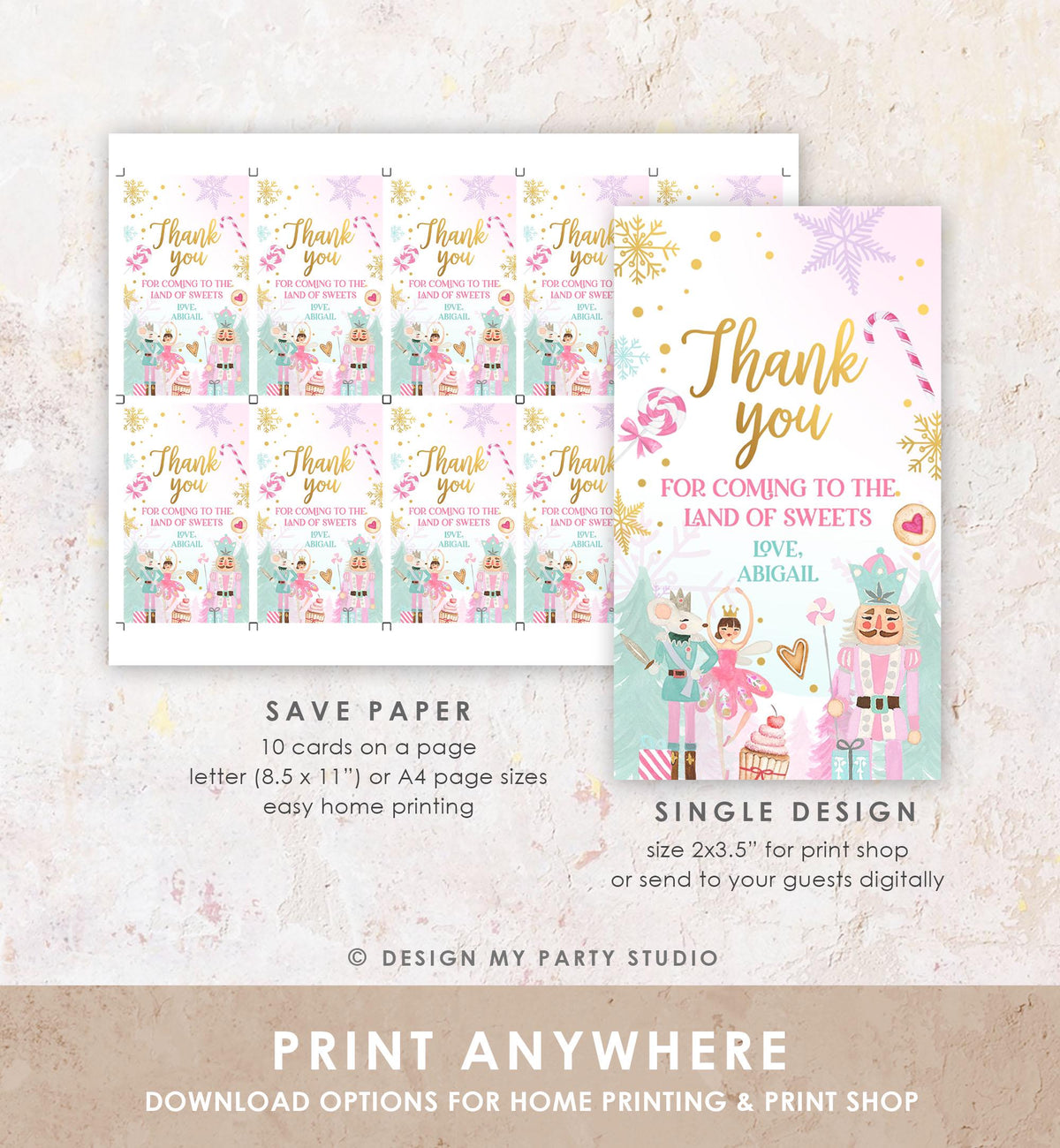 Editable Nutcracker Favor Tag Girl Birthday Land of Sweets Thank You Sugar Plum Fairy Christmas Winter Pink Digital Template Printable 0352