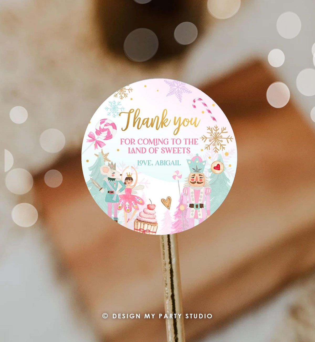 Editable Nutcracker Favor Tag Girl Birthday Land of Sweets Thank You Tag Sugar Plum Fairy Christmas Winter Pink Gold Template Printable 0352