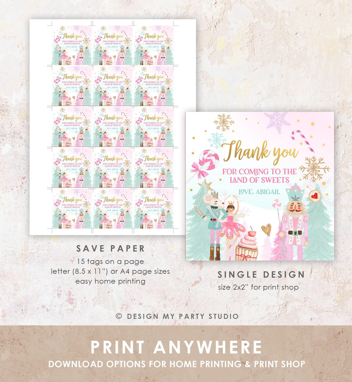Editable Nutcracker Favor Tag Girl Birthday Land of Sweets Thank You Tag Sugar Plum Fairy Christmas Winter Pink Gold Template Printable 0352